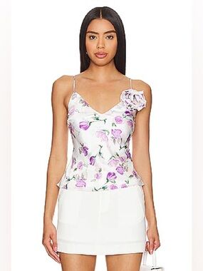 Bardot Wisteria Satin Floral V-Neck Cami with Rosette - White & Purple